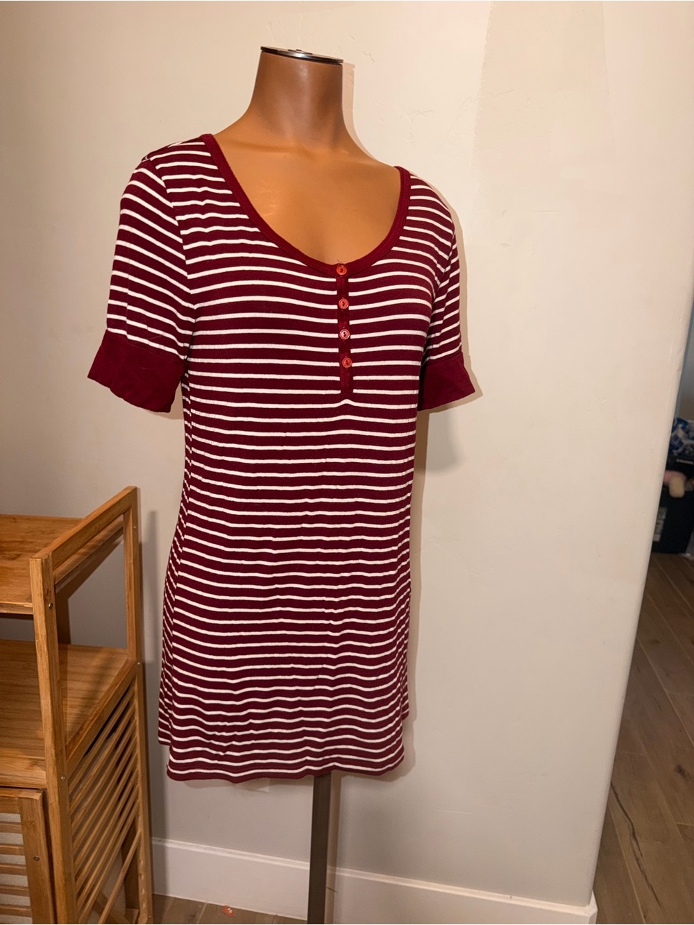Striped Burgundy White Henley Tunic Nighty Shirt night gown Dress Womens Medium